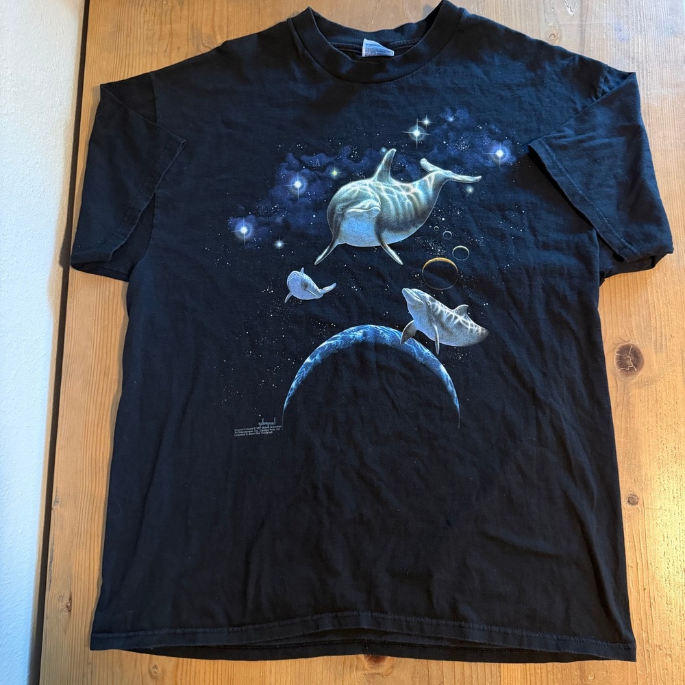 Vintage 1997 Schim Schimmel Dolphins in Space Shirt Size XL Black 90s Nature